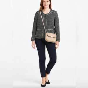 Soggo Paris Boucle Knit blazer zip up fringe accents, Black White, Size L